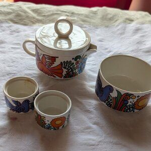 Porcelain creamer, egg holder and bowl in 'Acapulco' pattern by Villeroy & Boch